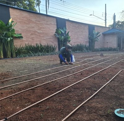 Sistema de irrigação automática em jardim residencial
